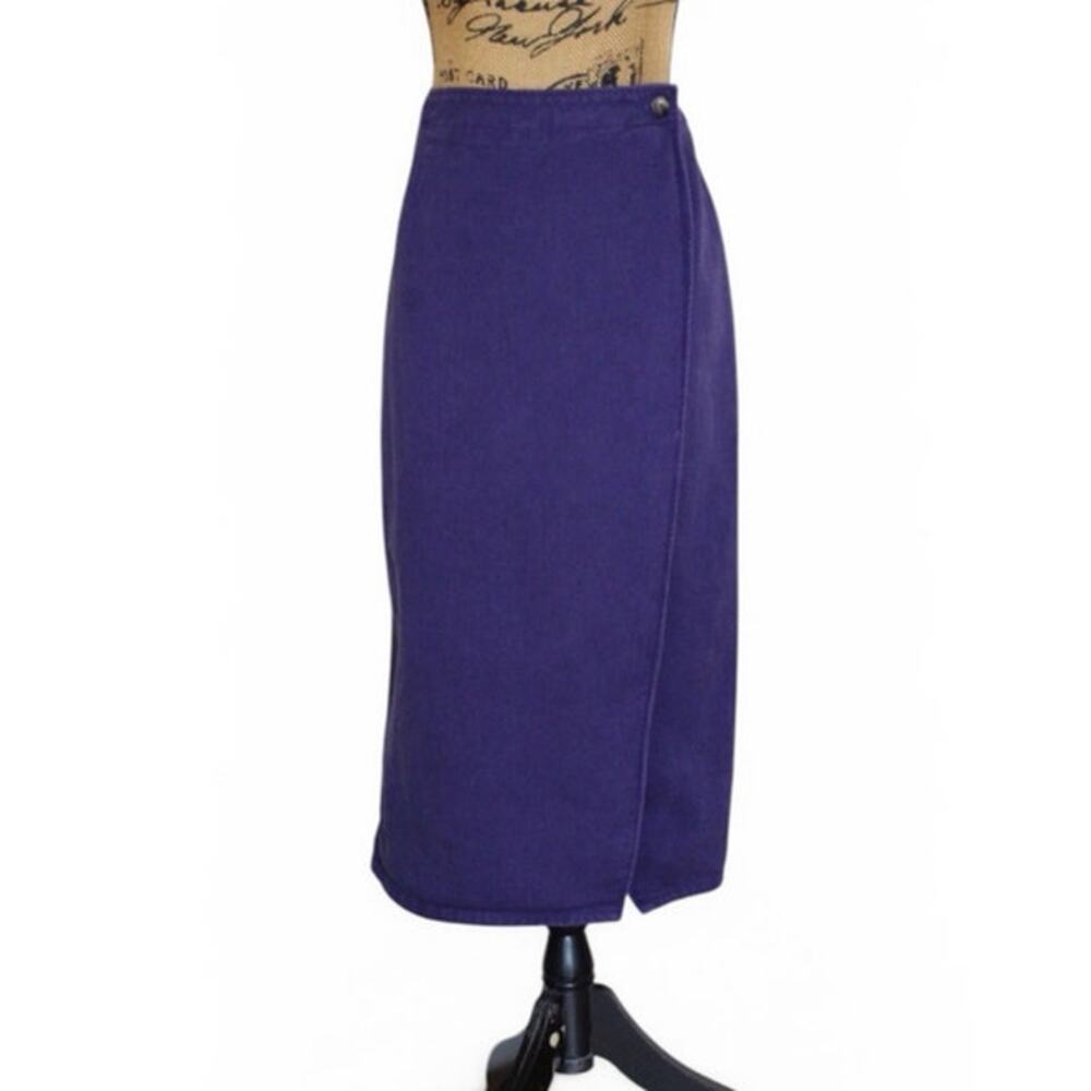 Vintage 90s Cenza Purple Cotton Denim Straight Midi Wrap Skirt Women's L